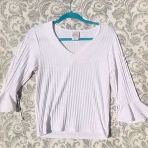 Women’s White Ribbed V-Neck Long Sleeve Top with Bell Cuffs vintage y2k style